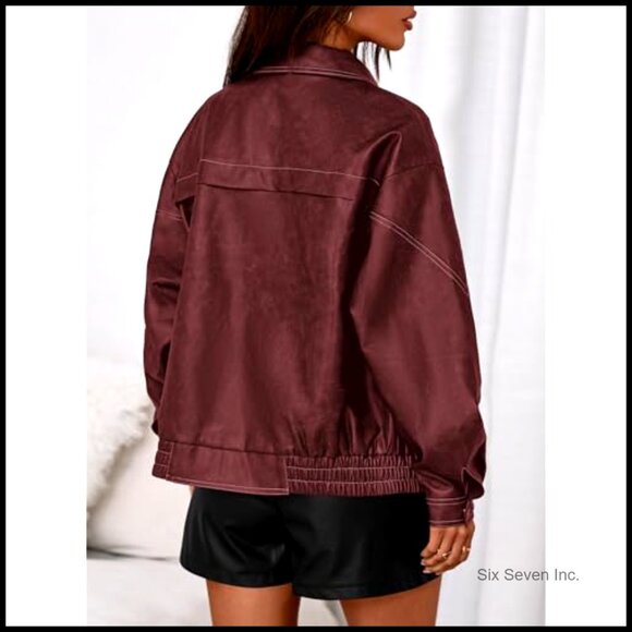 Faux Leather Bomber Jacket Oversized Moto Biker Style Winter Coat Retro Chic - Picture 4 of 7